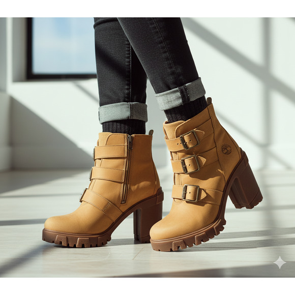 Timberland Shoes - Timberland Sutherlin Bay Triple Buckle Boots Wheat Leather Heel Women’s Size 9